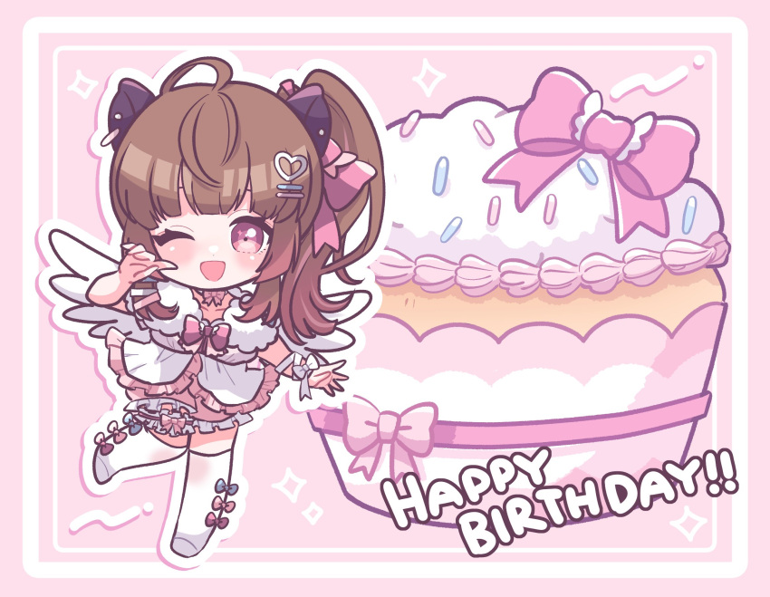 1girl :d birthday_cake blue_bow blush bow bow_legwear brown_hair cake capybara_ears chibi commentary_request food frilled_shirt frilled_skirt frills full_body hair_ornament hairclip happy_birthday heart heart_hair_ornament highres kino_haruc long_hair looking_at_viewer medium_bangs nanashi_inc. one_eye_closed one_side_up open_mouth pink_background pink_bow pink_eyes pink_skirt shirt skirt smile solo sprinkles thigh-highs virtual_youtuber white_bow white_shirt white_thighhighs wrist_bow yunohara_izumi