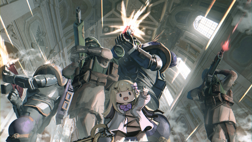 1girl advarcher blonde_hair bow bowtie cathedral character_request chibi commentary copyright_request crossover feet_out_of_frame firing from_below gun hair_bow highres holding holding_gun holding_weapon indoors long_hair multiple_others open_mouth purple_bow purple_bowtie smile very_long_hair warhammer_40k weapon weapon_request