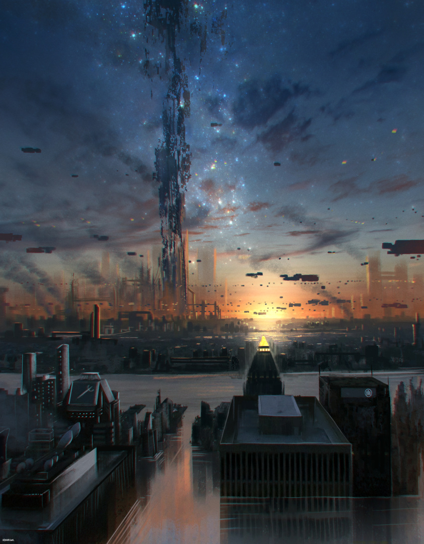 absurdres advarcher building cityscape clouds cloudy_sky commentary flying_car highres megastructure night no_humans original outdoors scenery science_fiction sky star_(sky) starry_sky sunset tower_of_babel
