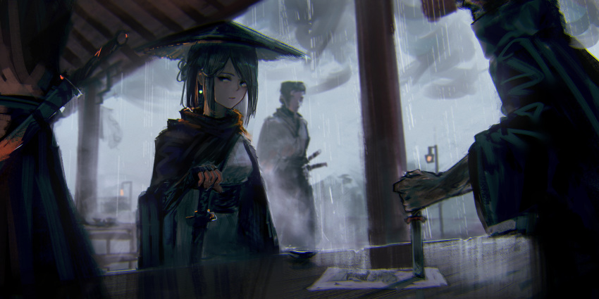 1girl 1other 2boys absurdres black_gloves blue_eyes chinese_commentary closed_mouth commentary_request dagger earrings fingerless_gloves gloves grey_hair hat highres holding holding_sword holding_weapon jewelry knife lemtun medium_hair multiple_boys original paper rain rice_hat robe sidelocks stab standing sword table weapon