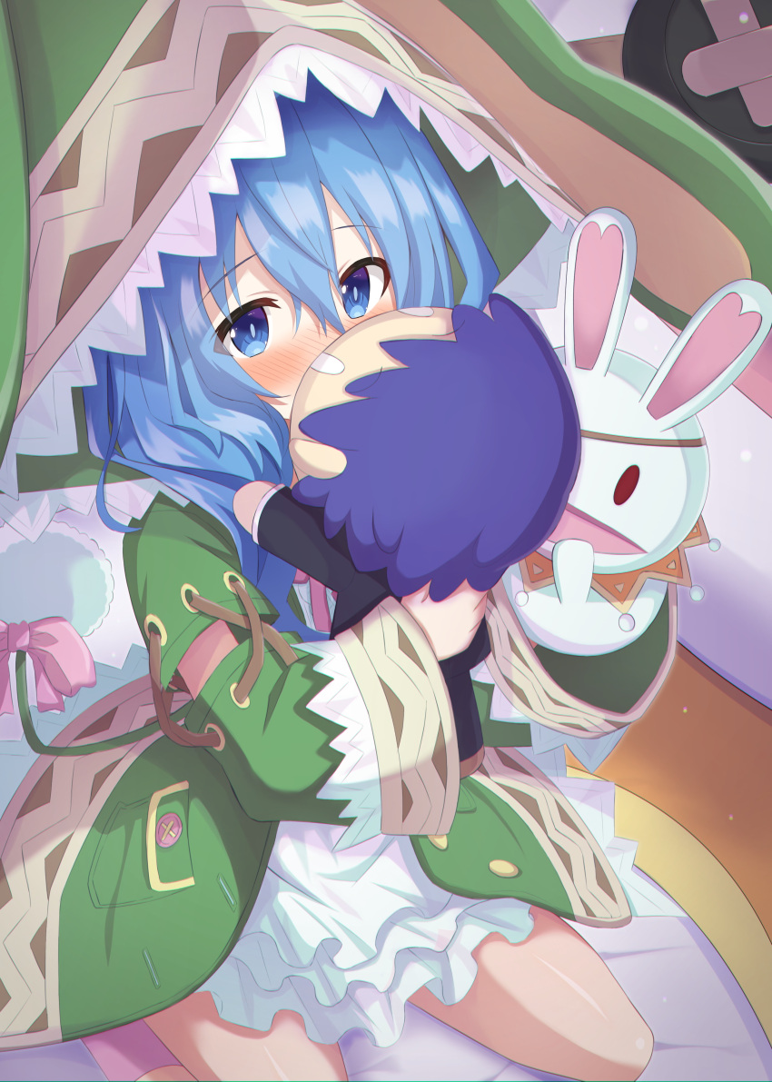 1girl absurdres animal_ears artina blue_eyes blue_hair blush bright_pupils character_doll commentary_request date_a_live dress fake_animal_ears green_dress hair_between_eyes highres holding holding_stuffed_toy hood hood_up indoors itsuka_shidou long_hair long_sleeves looking_at_object nose_blush open_clothes open_dress rabbit_ears seiza sitting solo stuffed_toy wide_sleeves yoshino_(date_a_live) yoshinon