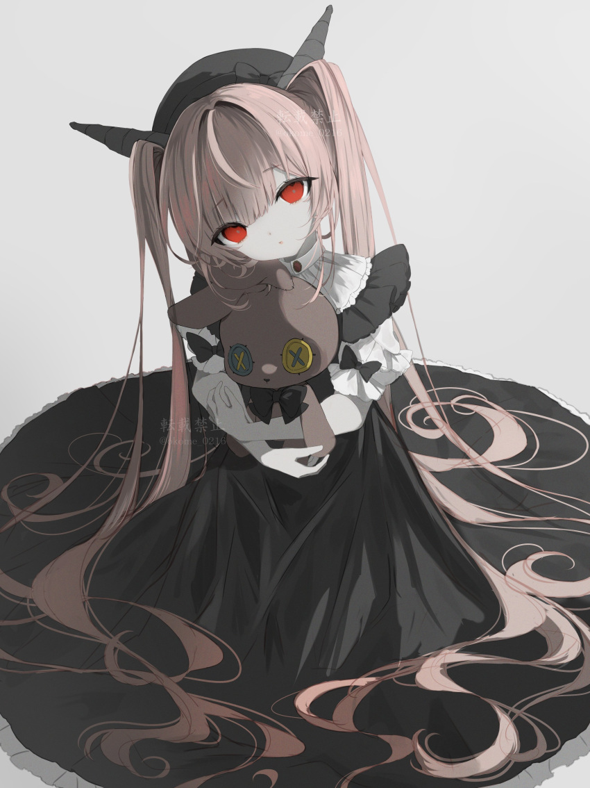 1girl absurdly_long_hair absurdres black_dress black_headwear brown_hair commentary dorothy_(okome_0216) dress frilled_dress frills full_body gothic_lolita hair_intakes hat head_tilt highres horns hugging_object lolita_fashion long_dress long_hair long_sleeves looking_at_viewer okome_0216 original parted_lips red_eyes simple_background solo stuffed_animal stuffed_toy twintails twitter_username very_long_hair watermark white_background