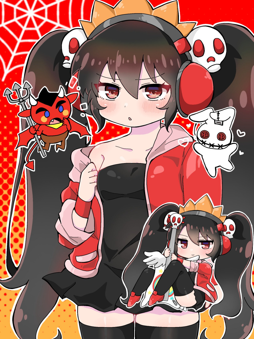 1girl ashley_(warioware) black_dress chibi crazy_galaxy demon doll dress guitar headphones ht2487 jacket open_mouth rabbit red_(warioware) red_background red_eyes spider_web tagme thighhighs twintails warioware