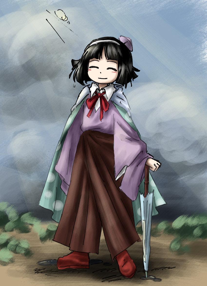 1other absurdres amanomiya_jun androgynous aqua_cape baila_kuangzi black_hair blue_sky blue_umbrella brown_skirt cape chinese_commentary closed_eyes closed_mouth collared_shirt commentary_request day full_body hairband highres holding holding_umbrella len'en long_sleeves neck_ribbon oil-paper_umbrella other_focus outdoors purple_sweater red_footwear red_ribbon ribbon shirt skirt sky smile solo standing sweater umbrella umbrella_hair_ornament white_hairband white_shirt wide_sleeves