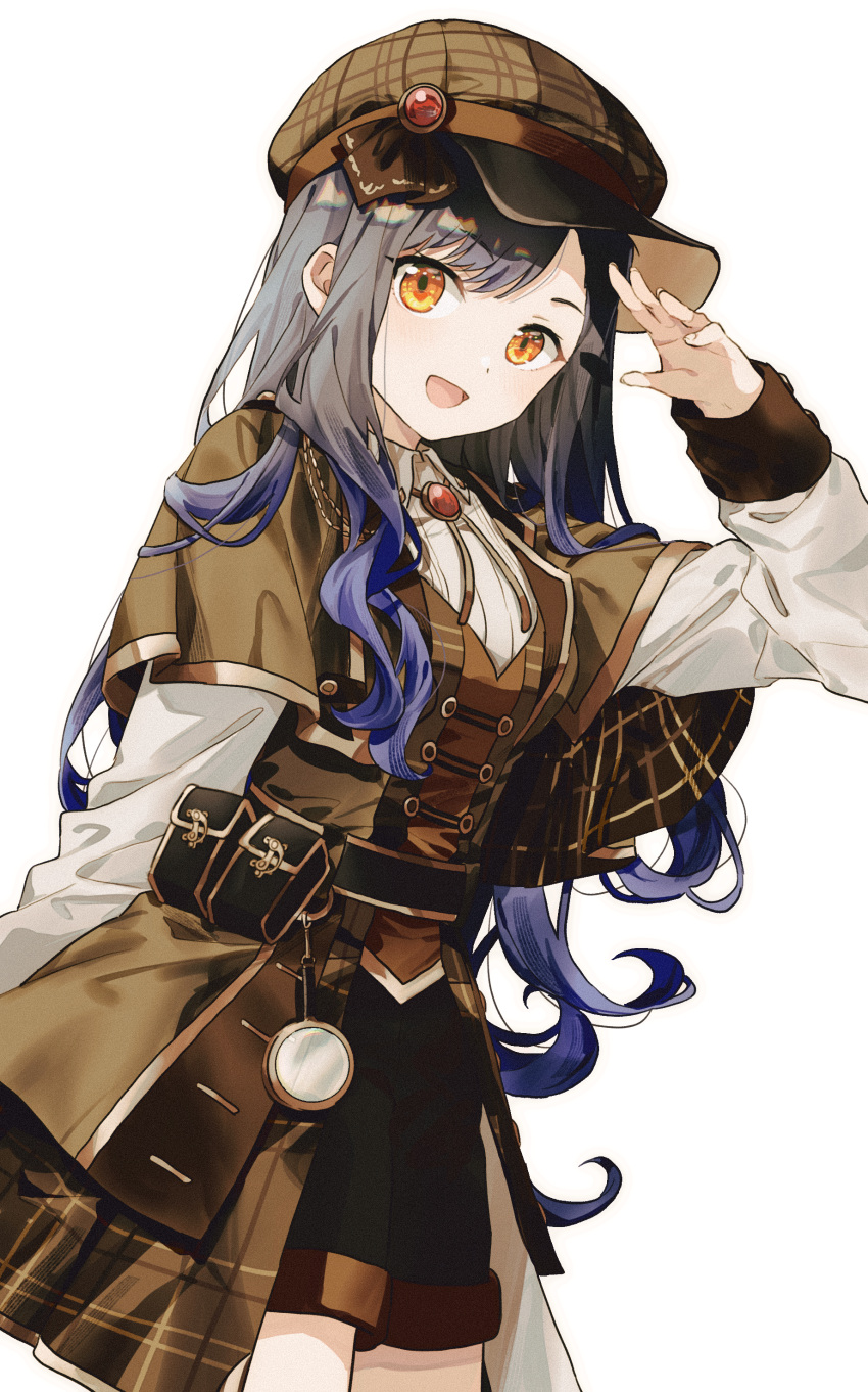 1girl absurdres belt_pouch black_hair black_pants blue_hair brown_capelet brown_dress brown_hair capelet collared_shirt cowboy_shot dot_nose dress gradient_hair hand_up hat highres jewelry let's_study_hard!_(project_sekai) long_hair long_sleeves looking_at_viewer migolu monocle multicolored_hair official_alternate_costume open_mouth pants parted_bangs peaked_cap pendant plaid_headwear pouch project_sekai salute shiraishi_an shirt simple_background smile solo two-tone_hair waist_cape wavy_hair white_background white_shirt yellow_eyes