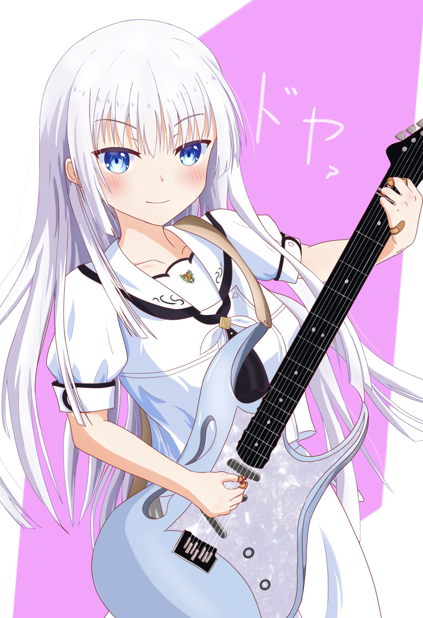 &gt;:) 1230_mochi 1girl absurdres ascot bandaid bandaid_on_hand black_ascot blue_eyes blunt_ends blush closed_mouth commentary cowboy_shot doyagao guitar hair_between_eyes hand_up highres holding holding_instrument instrument long_hair looking_at_viewer naruse_shiroha pink_background puffy_short_sleeves puffy_sleeves sailor_collar school_uniform shirt short_sleeves sidelocks simple_background skirt smile smug solo sound_effects summer_pockets tsurime two-tone_background v-shaped_eyebrows very_long_hair white_background white_hair white_sailor_collar white_shirt white_skirt