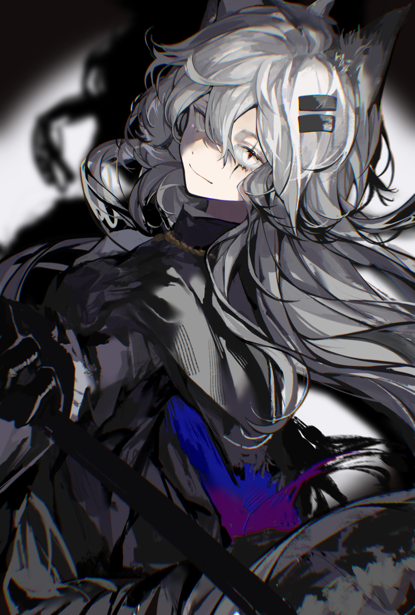 1girl absurdres animal_ears arknights black_coat black_gloves closed_mouth coat commentary cowboy_shot gloves grey_eyes grey_hair highres holding lappland_(arknights) long_hair long_sleeves looking_at_viewer moriiii scar scar_across_eye slit_pupils solo symbol-only_commentary very_long_hair wolf_ears wolf_girl
