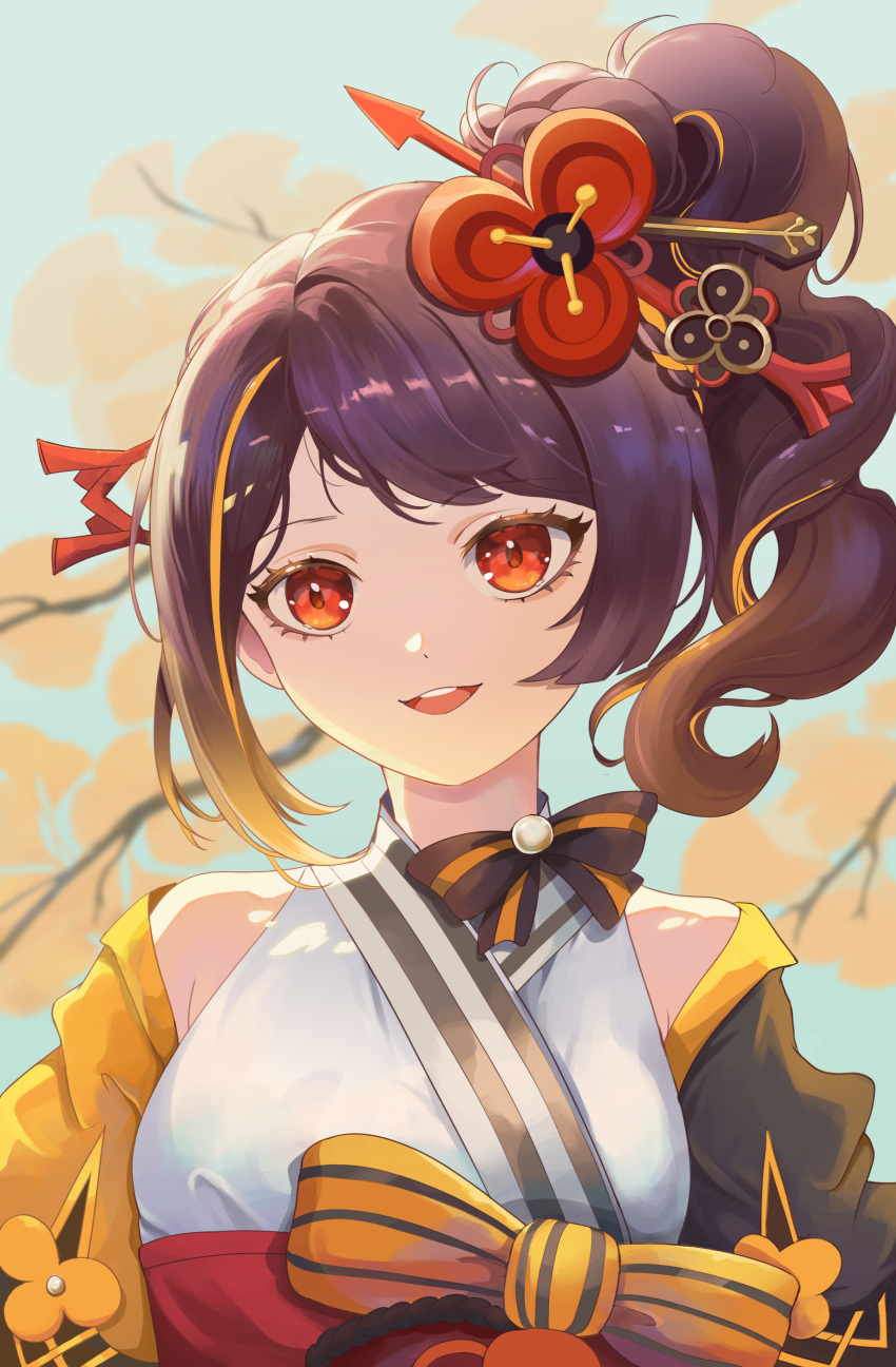1girl :d absurdres bare_shoulders bow brown_hair chiori_(genshin_impact) commentary_request genshin_impact grey_kimono hair_ornament hair_stick highres japanese_clothes kimono looking_at_viewer medium_hair morra_(mitachan24) off_shoulder open_mouth orange_eyes ponytail smile solo upper_body yellow_bow