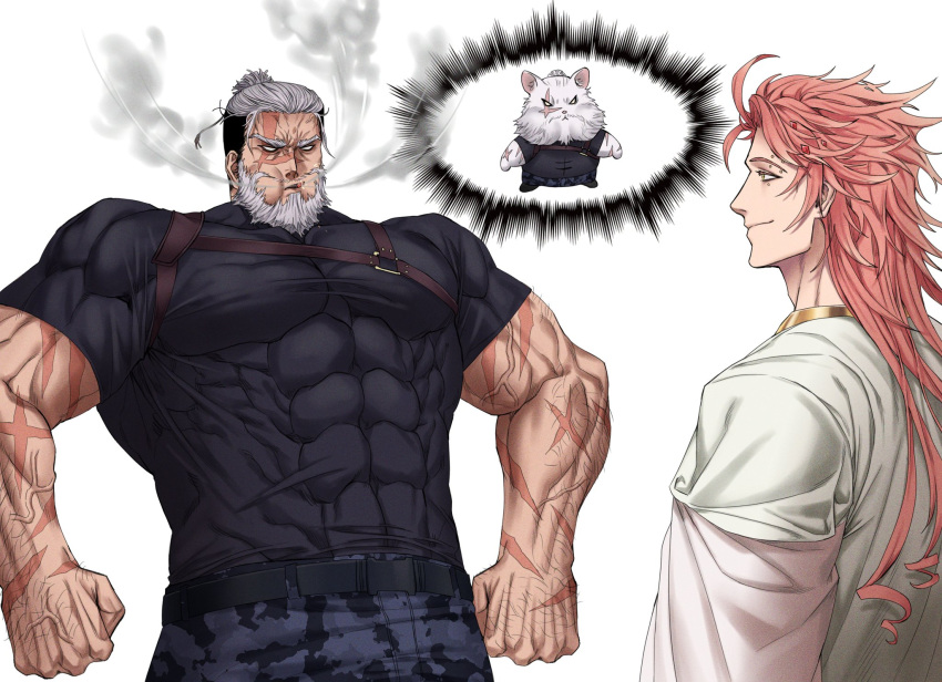 2boys abs apollo_(shuumatsu_no_valkyrie) beard biceps black_hair camouflage camouflage_pants cigarette compression_shirt dobek_k eyebrow_piercing facial_hair feet_out_of_frame gem hairy hamster highres inhaling large_pectorals leather leather_belt leonidas_(shuumatsu_no_valkyrie) long_hair looking_at_another male_focus manly mature_male multicolored_hair multiple_boys muscular muscular_male pants pectorals piercing pink_hair scar short_hair shuumatsu_no_valkyrie simple_background smile smoke smoking spiky_hair thick_arms thick_eyebrows toga veins white_background white_hair yellow_eyes