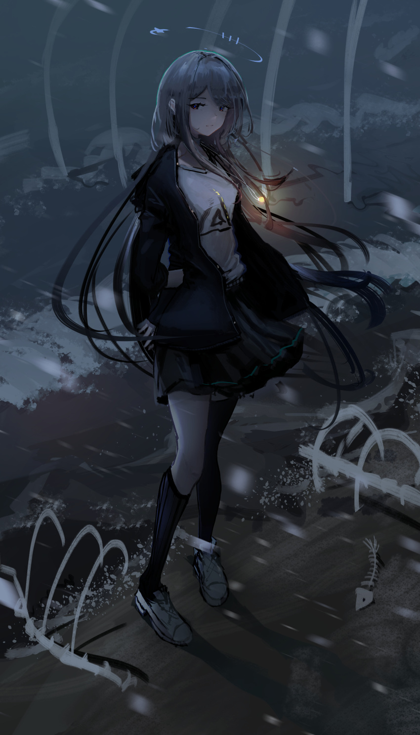 1girl absurdres black_jacket black_skirt black_socks black_thighhighs blue_eyes breasts chinese_commentary closed_mouth commentary_request english_commentary fish_skeleton floating_hair full_body grabbing_own_arm grey_hair halo highres jacket kneehighs lemtun long_hair looking_at_viewer medium_breasts mixed-language_commentary open_clothes open_jacket original shirt single_sock single_thighhigh skirt sleeves_past_elbows snow socks solo standing textless_version thigh-highs variant_set white_footwear white_shirt