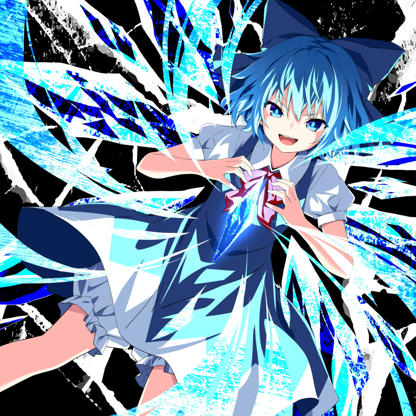 1girl :d absurdres black_background bloomers blue_bow blue_dress blue_eyes blue_hair blush bow bright_pupils cirno collared_shirt commentary_request dress dutch_angle feet_out_of_frame fighting_stance hair_between_eyes hair_bow hands_up highres ice ice_wings looking_at_viewer open_mouth puffy_short_sleeves puffy_sleeves red_bow shirt short_dress short_hair short_sleeves simple_background sleeveless sleeveless_dress smile smug solo teeth touhou tsurime ugume upper_teeth_only v-shaped_eyebrows white_shirt wings