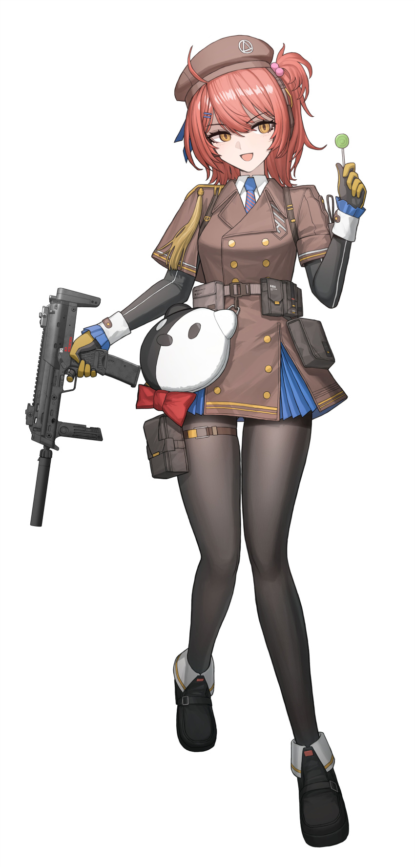 :d absurdres ahoge beret black_footwear black_pantyhose blue_necktie breasts brown_coat brown_headwear candy cheogtanbyeong coat collared_shirt diagonal-striped_clothes diagonal-striped_necktie finger_on_trigger food full_body girls'_frontline_2:_exilium girls_frontline gloves gun h&amp;k_mp7 hair_between_eyes hair_ornament hairclip hand_up hat highres holding holding_candy holding_food holding_lollipop holding_weapon large_breasts lollipop looking_at_food mp7_(girls'_frontline) necktie one_side_up pantyhose pink_hair pouch shirt shoes short_sleeves smile striped_clothes submachine_gun suppressor tassel thigh_pouch weapon white_shirt yellow_eyes