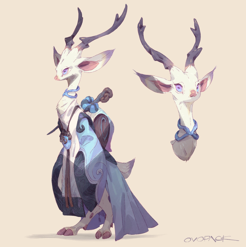 1other androgynous antlers artist_name backpack bag blue_collar blue_eyes blue_robe cloven_hooves collar commentary deer_tail digitigrade from_side full_body furry furry_other highres hooves horizontal_pupils horns jewelry multiple_views murayama_ryouta original pendant robe signature simple_background sleeves_past_fingers sleeves_past_wrists standing tail tail_through_clothes two-tone_eyes violet_eyes wide_sleeves yellow_background