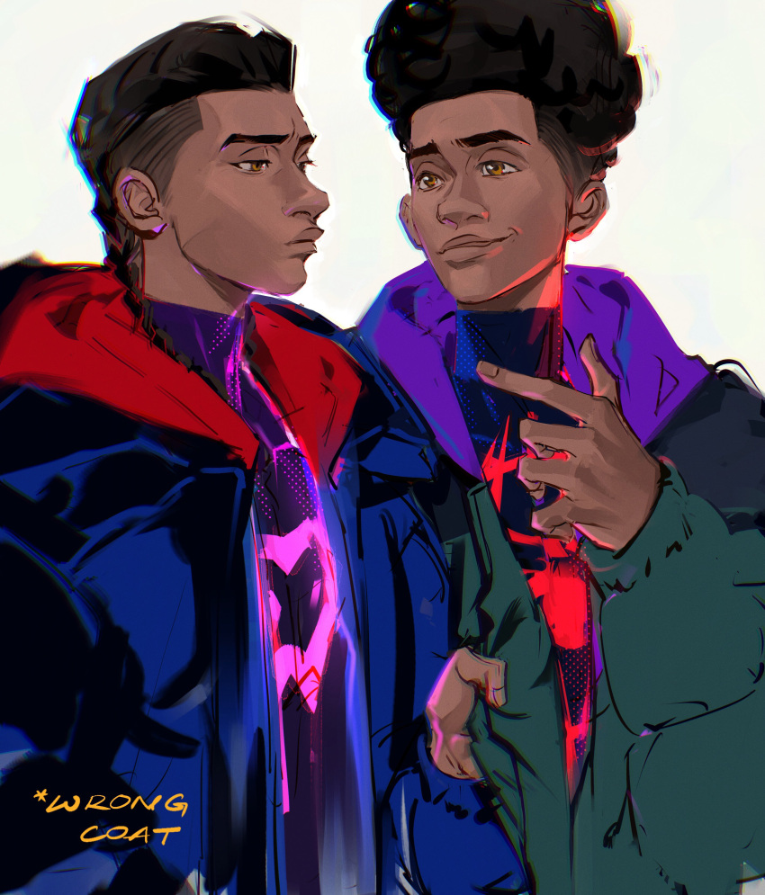 2boys absurdres afro animal_print aqua_coat aqua_sleeves black_hair black_shirt blue_coat blue_sleeves brown_eyes chinese_commentary closed_mouth coat coat_tug commentary_request dark-skinned_male dark_skin dripping earrings english_text expressionless fingernails half-closed_eyes heart heart_print highres hood hood_down hooded_coat jewelry kami_off_record long_sleeves looking_at_another male_focus marvel miles_morales multiple_boys open_clothes open_coat parted_lips pointing pointing_at_another prowler_(marvel) puffy_long_sleeves puffy_sleeves purple_hood red_hood shirt short_hair simple_background sleeves_past_wrists smirk spider-man:_across_the_spider-verse spider-man:_into_the_spider-verse spider-man_(series) spider-verse spider_print stud_earrings thick_eyebrows turtleneck upper_body very_dark_skin white_background zipper
