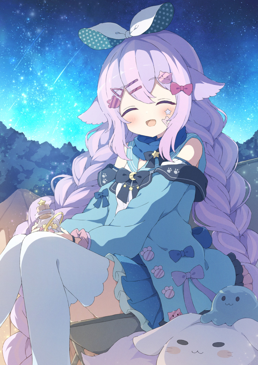 1girl black_bow blue_bow blue_coat blue_skirt bottle bow braid closed_eyes coat commission hair_between_eyes hair_bow highres holding holding_bottle night night_sky open_mouth original outdoors pink_bow purple_bow purple_hair sitting skeb_commission skirt sky star_(sky) star_(symbol) star_print star_sticker sticker_on_face twin_braids tyakomes