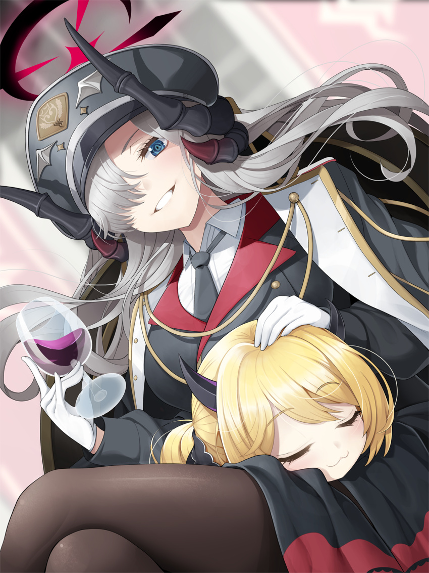 2girls :3 black_headwear black_horns black_necktie black_pantyhose black_ribbon blonde_hair blue_archive blue_eyes breasts closed_eyes coat coat_on_shoulders commentary cup demon_horns drinking_glass gehenna_academy_logo gloves gradient_horns grey_hair grin hair_over_one_eye hair_ribbon halo headpat highres holding holding_cup horns ibuki_(blue_archive) jacket koflif lap_pillow long_hair long_sleeves looking_at_viewer makoto_(blue_archive) military_jacket multicolored_horns multiple_girls multiple_horns necktie pantyhose red_wine ribbon sleeping sleeping_on_person sleeves_past_fingers sleeves_past_wrists smile thighs uniform white_gloves wine_glass