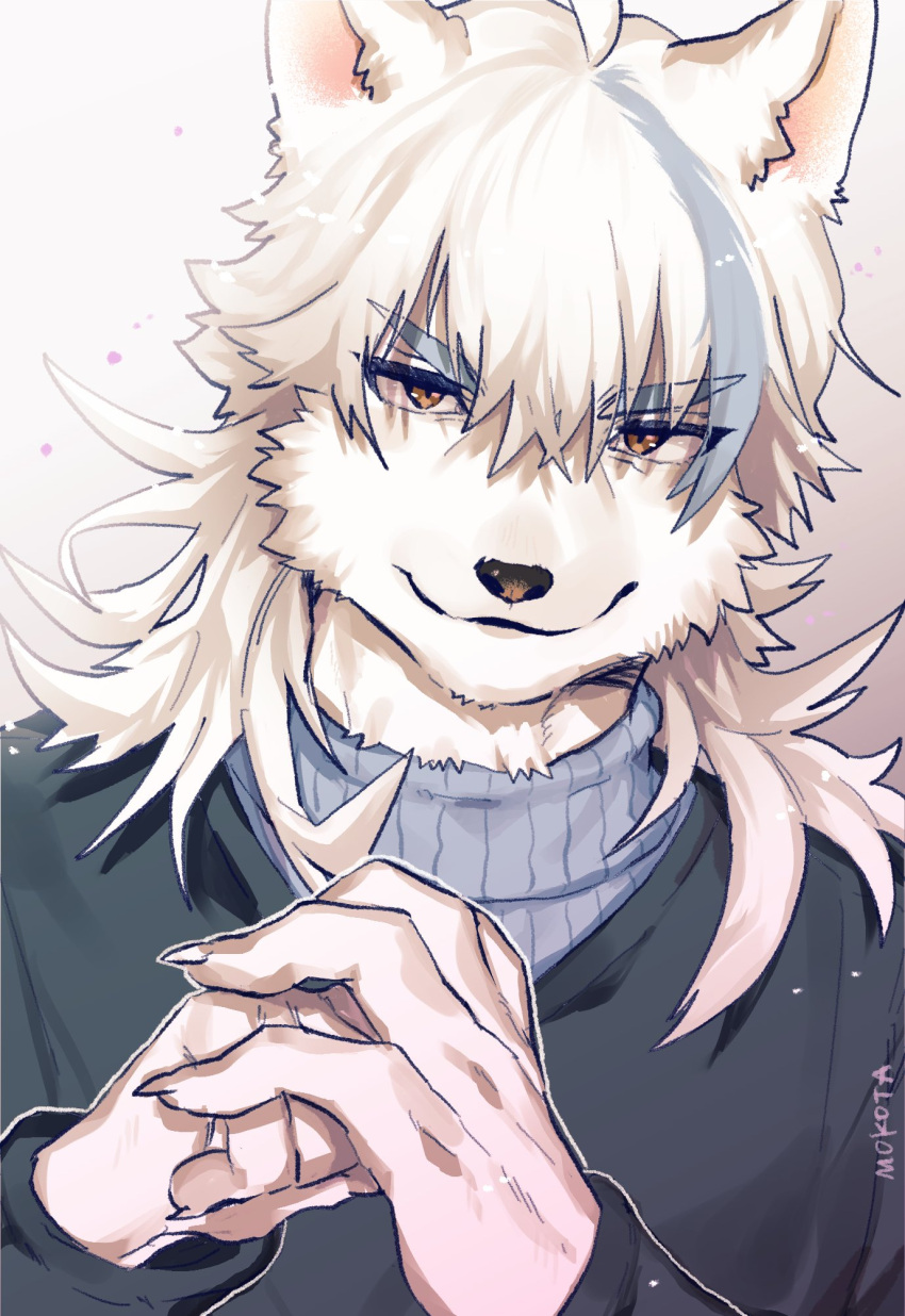 1boy ahoge animal_ears artist_name bishounen black_jacket blue_hair blue_sweater body_fur brown_background brown_eyes claws closed_mouth commission dog_boy dog_ears english_commentary fist_in_hand furry furry_male gradient_background hands_up highres jacket long_hair long_sleeves looking_at_viewer male_focus mokotalow11 multicolored_hair original simple_background smirk solo streaked_hair sweater turtleneck turtleneck_sweater upper_body white_fur white_hair