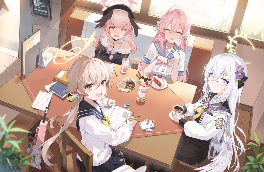 4girls absurdres azusa_(blue_archive) black_bow black_headwear black_skirt blue_archive blue_sailor_collar book bow braid brown_eyes cafe cake chair chenmu_sora closed_eyes coffee commentary_request couch cup doughnut flower food hair_bow hair_flower hair_ornament halo hanako_(blue_archive) hifumi_(blue_archive) highres holding holding_cup indoors koharu_(blue_archive) long_hair long_sleeves low_twintails multiple_girls notebook open_mouth parfait peroro_(blue_archive) pink_eyes pink_hair pink_halo plate purple_flower sailor_collar shirt skirt table twintails very_long_hair white_hair white_shirt wing_hair_ornament yellow_halo