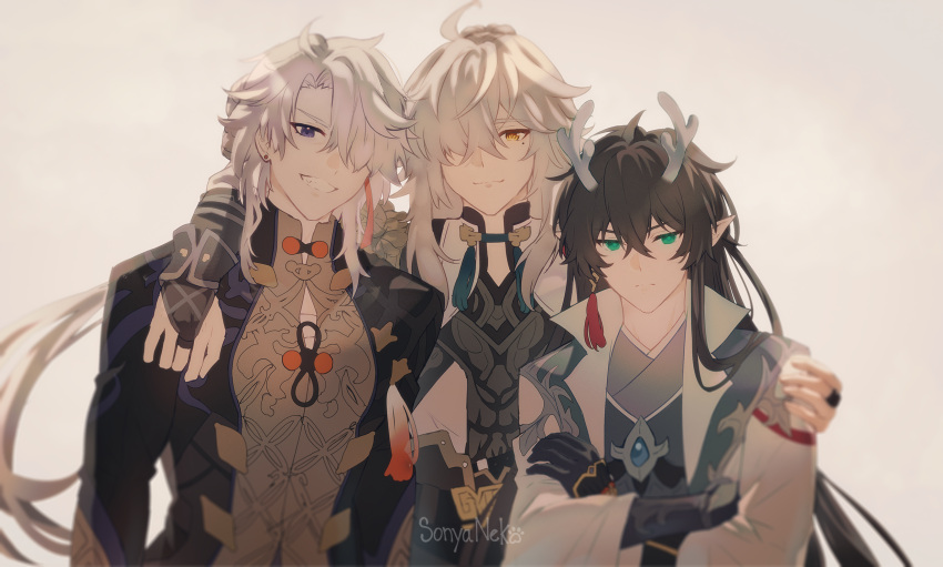&gt;:) 3boys :3 ahoge arm_around_shoulder arms_at_sides artist_name black_hair bridal_gauntlets brooch chinese_clothes clenched_teeth closed_mouth dan_feng_(honkai:_star_rail) dan_heng_(honkai:_star_rail) dan_heng_(imbibitor_lunae)_(honkai:_star_rail) earrings frown gloves green_eyes grin hair_over_one_eye hand_on_another's_shoulder hanfu highres honkai:_star_rail honkai_(series) horns jewelry jing_yuan long_hair looking_at_viewer looking_to_the_side male_focus mole mole_under_eye multiple_boys one_eye_covered pointy_ears simple_background single_earring smile sonyaneko stud_earrings teeth v-shaped_eyebrows very_long_hair violet_eyes white_background white_hair yellow_eyes yingxing_(honkai:_star_rail)
