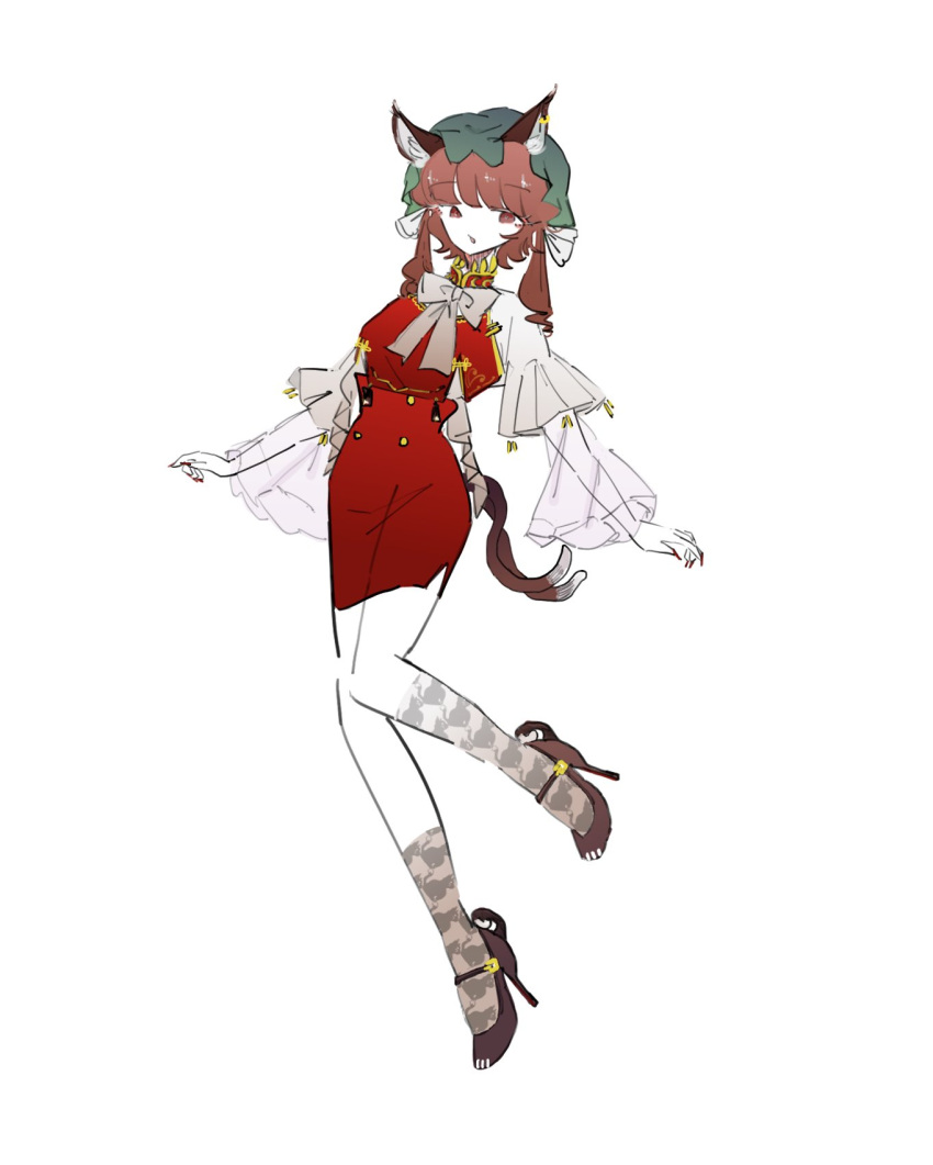 1girl adapted_costume animal_ears bow bowtie brown_eyes brown_hair cat_ears cat_tail chen commentary_request dress fingernails full_body green_headwear hat high_heels highres kneehighs knees_together_feet_apart long_hair mob_cap multiple_tails nekomata red_dress see-through see-through_sleeves sharp_fingernails simple_background socks solo tail touhou two_tails white_background white_bow white_bowtie zenritsu