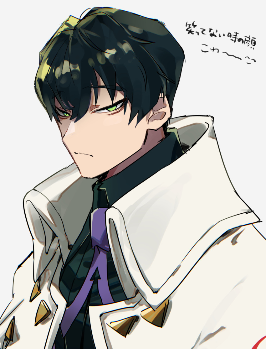 1boy black_hair blue_shirt closed_mouth coat collared_shirt expressionless fate/grand_order fate_(series) green_eyes hair_between_eyes highres itou_kashitarou_(fate) looking_at_viewer male_focus necktie portrait purple_necktie shirt short_hair simple_background solo white_background white_coat yuu_(areruya)