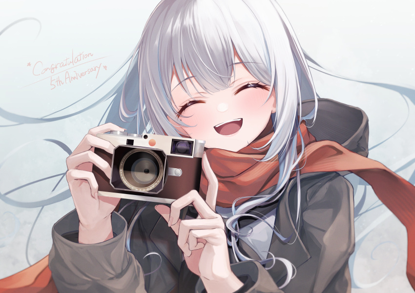 1girl absurdres anniversary black_hoodie black_neckerchief camera closed_eyes commentary_request congratulations english_text engrish_text grey_background grey_hair head_tilt highres holding holding_camera hood hoodie horo_27 kaga_sumire long_sleeves looking_at_viewer lupinus_virtual_games neckerchief open_mouth ranguage red_scarf scarf shirt simple_background smile solo teeth tongue upper_body upper_teeth_only virtual_youtuber vspo! white_shirt