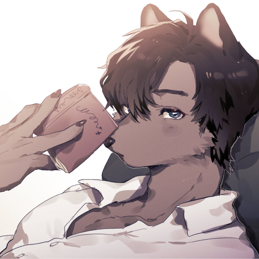 1boy ahoge animal_ears bishounen blue_eyes body_fur book brown_fur brown_hair center_opening claws collared_shirt dog_boy dog_ears furry furry_male hand_up highres holding holding_book looking_at_viewer lying male_focus mokotalow11 on_back original parted_lips pillow shirt short_hair simple_background solo upper_body white_background white_shirt