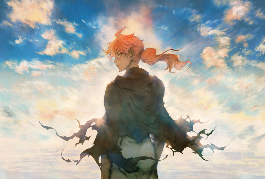 1boy ahoge black_cloak cloak closed_mouth clouds cloudy_sky coat cowboy_shot day fate/grand_order fate_(series) goetia_(fate) hair_between_eyes highres kin_mokusei long_hair looking_back male_focus orange_hair outdoors ponytail romani_archaman scar scar_on_arm sky spoilers torn_cloak torn_clothes white_coat yellow_eyes