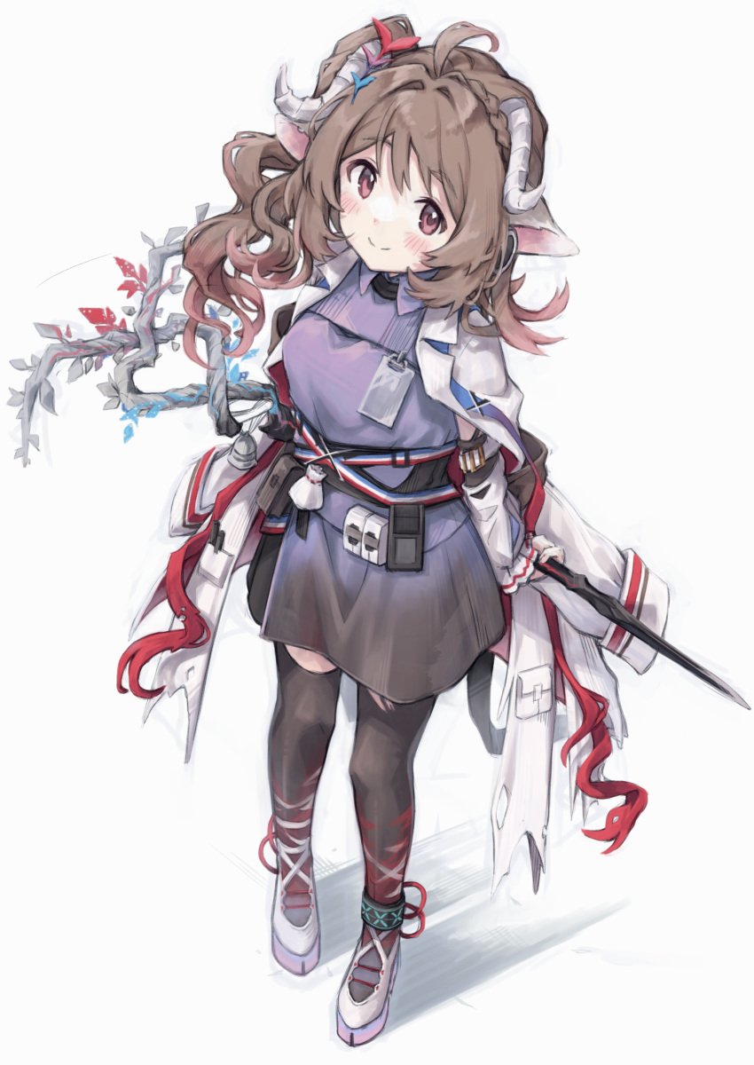 1girl absurdres animal_ears anklet arknights asymmetrical_hair black_thighhighs blue_dress breasts brown_hair closed_mouth commentary_request dress eyjafjalla_(arknights) eyjafjalla_the_hvit_aska_(arknights) full_body gradient_hair highres holding holding_staff horns infection_monitor_(arknights) jacket jewelry long_sleeves looking_at_viewer medium_breasts multicolored_hair red_eyes redhead semi_colon sheep_ears sheep_girl sheep_horns side_ponytail smile solo staff standing thigh-highs white_footwear white_jacket