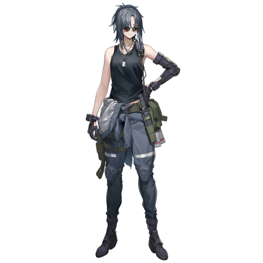 1girl angelia_(girls'_frontline) artist_request aviator_sunglasses belt belt_pouch black_footwear black_gloves black_tank_top blue_jumpsuit boots breasts closed_mouth collarbone dog_tags elbow_gloves elbow_pads explosive full_body girls_frontline gloves green_bag grenade grey_eyes grey_hair hair_over_one_eye hand_on_own_hip highres jumpsuit jumpsuit_around_waist knee_pads knife knife_sheath long_hair looking_at_viewer medium_breasts midriff_peek official_art ponytail pouch radio_antenna scar scar_on_face sheath sheathed simple_background single_elbow_glove single_elbow_pad solo standing sunglasses tank_top third-party_source transparent_background walkie-talkie