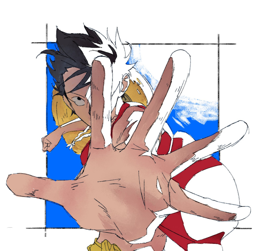 1boy black_hair floating_hair hat highres looking_up male_focus monkey_d._luffy obobkkp one_piece red_shirt sash scar scar_on_face shirt short_hair sky solo straw_hat upper_body yellow_sash