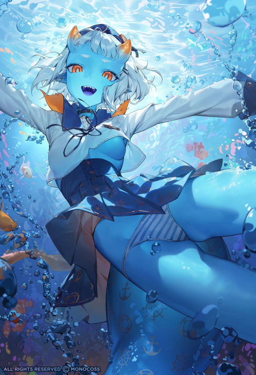 1girl absurdres blue_skin blue_skirt bow bowtie breasts bubble collared_shirt colored_skin crop_top fish highres horns monosucre neck_ribbon original outstretched_arms pleated_skirt pointy_ears ribbon sharp_teeth shirt short_hair skirt solo spread_arms striped_underwear tail teeth under_boob underwater upper_teeth_only white_shirt yellow_eyes