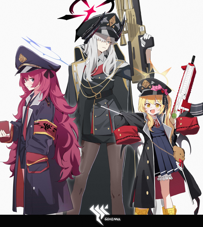 3girls :d absurdres armband assault_rifle black_coat black_headwear black_pantyhose black_ribbon black_skirt black_wings blonde_hair bloomers blue_archive bow bullpup coat coat_on_shoulders demon_horns demon_wings dress gehenna_academy_logo gloves grey_eyes grey_hair gun h&amp;k_hk416 hair_over_one_eye hair_ribbon halo hat hat_bow highres holding holding_gun holding_weapon horns ibuki_(blue_archive) iroha_(blue_archive) long_hair long_sleeves low_wings makoto_(blue_archive) multiple_girls multiple_horns necktie open_clothes open_coat open_mouth pandemonium_society_(blue_archive) pantyhose peaked_cap pinafore_dress pink_bow pleated_skirt purple_halo red_armband red_necktie redhead ribbon rifle skirt sleeveless sleeveless_dress sleeves_past_fingers sleeves_past_wrists smile sniper_rifle tail twintails very_long_hair walther walther_wa_2000 weapon white_background white_bloomers white_gloves wings xintianou yellow_eyes yellow_footwear yellow_halo