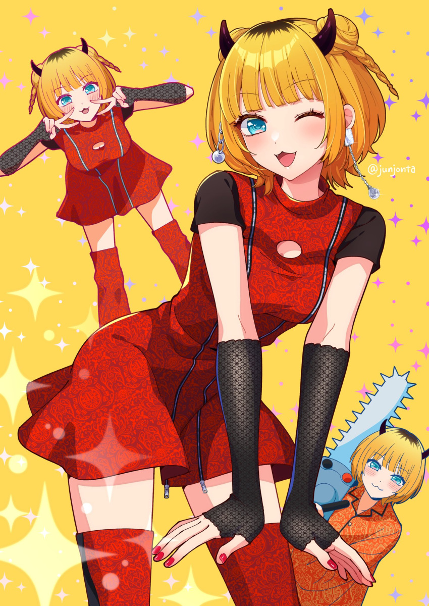 1girl :3 black_gloves blonde_hair blue_eyes blush cleavage_cutout closed_mouth clothing_cutout collared_shirt commentary double_bun double_v dress dress_shirt earrings elbow_gloves fangs fingerless_gloves gloves hair_bun highres jewelry junjonta looking_at_viewer memcho multicolored_hair multiple_views nail_polish one_eye_closed open_mouth orange_shirt oshi_no_ko red_dress red_nails red_thighhighs roots_(hair) shirt short_hair short_sleeves sidelocks sparkle thigh-highs twitter_username v zettai_ryouiki