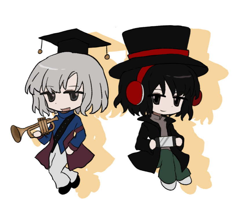 2boys black_eyes black_hair black_headwear black_jacket blue_coat brown_shirt chibi chinese_commentary closed_mouth coat commentary_request daijin emergency_everyday green_pants grey_eyes grey_hair grey_pants hand_on_own_hip hat holding holding_trumpet instrument jacket len'en long_sleeves male_focus mortarboard multiple_boys needless_(toyaco) open_clothes open_jacket open_mouth pants red_headphones serintsu shirt short_hair smile trumpet