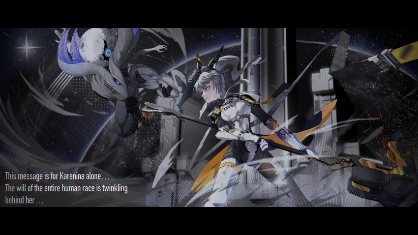 1girl 1other absurdres animal_ears black_bodysuit bodysuit english_commentary english_text grey_bodysuit grey_hair headgear highres holding holding_weapon huge_weapon joints karenina:_scire_(punishing:_gray_raven) karenina_(punishing:_gray_raven) krmpuris long_hair mechanical_arms mechanical_legs monster orange_eyes punishing:_gray_raven rabbit_ears robot_joints skin_tight twintails weapon