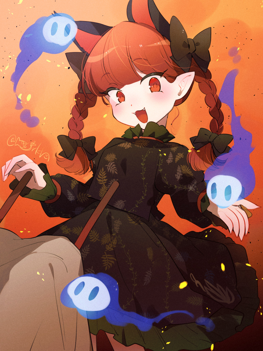 1girl animal_ears black_bow black_dress bow braid cat_ears dress extra_ears fangs frilled_dress frilled_sleeves frills hair_bow hanaon highres kaenbyou_rin long_hair long_sleeves looking_at_viewer open_mouth pointy_ears red_eyes redhead signature smile solo touhou twin_braids