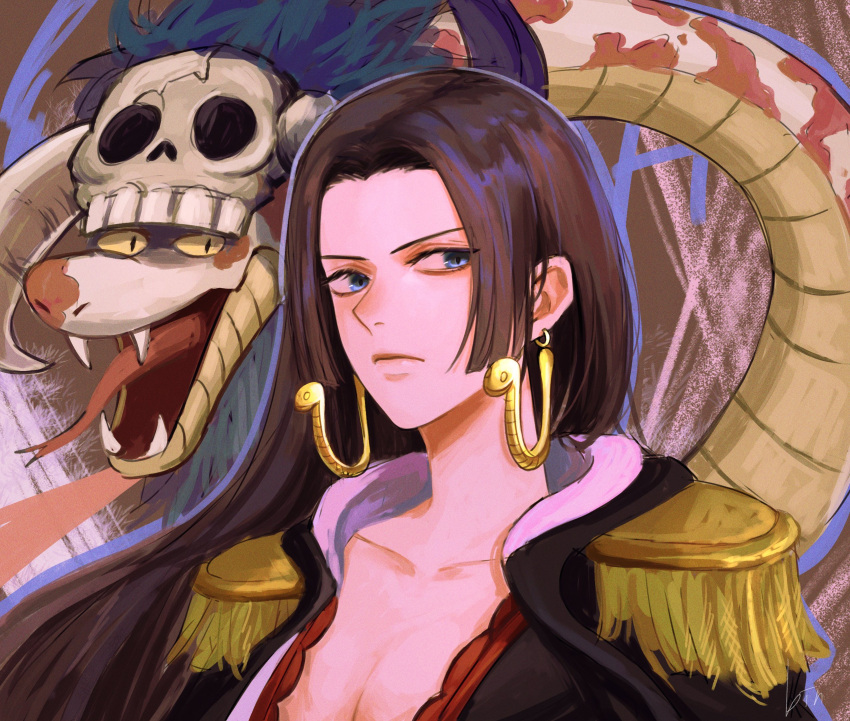 1girl bin_0k binonep black_dress black_hair blue_eyes boa_hancock close-up commentary dress earrings epaulettes highres hime_cut jewelry long_hair looking_to_the_side one_piece salome_(one_piece) skeleton smile snake symbol-only_commentary two-tone_dress upper_body white_dress