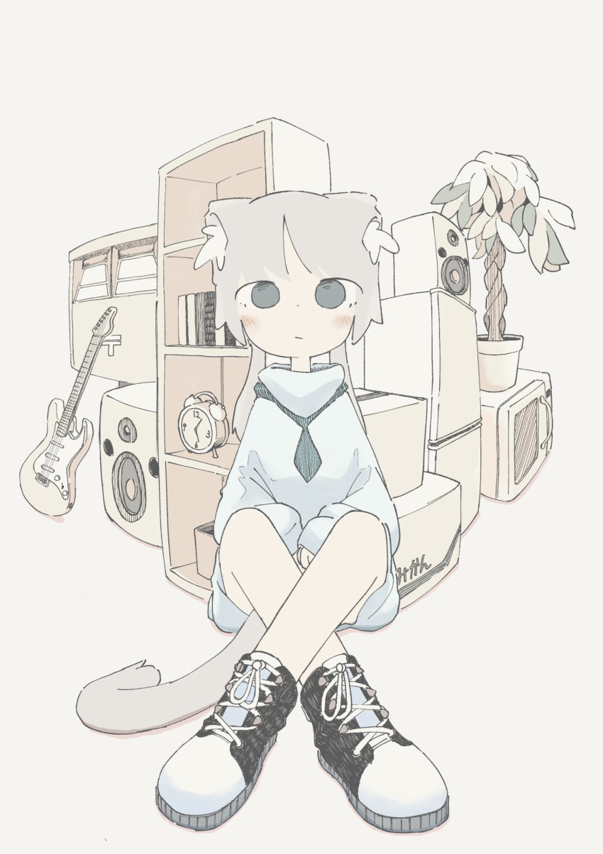 1girl :/ alarm_clock animal_ears box cat_ears cat_girl cat_tail clock crossed_legs electric_guitar expressionless green_eyes guitar highres instrument microwave necktie new_amool original parted_bangs partially_colored plant potted_plant refrigerator shelf solo speaker tail twintails white_background