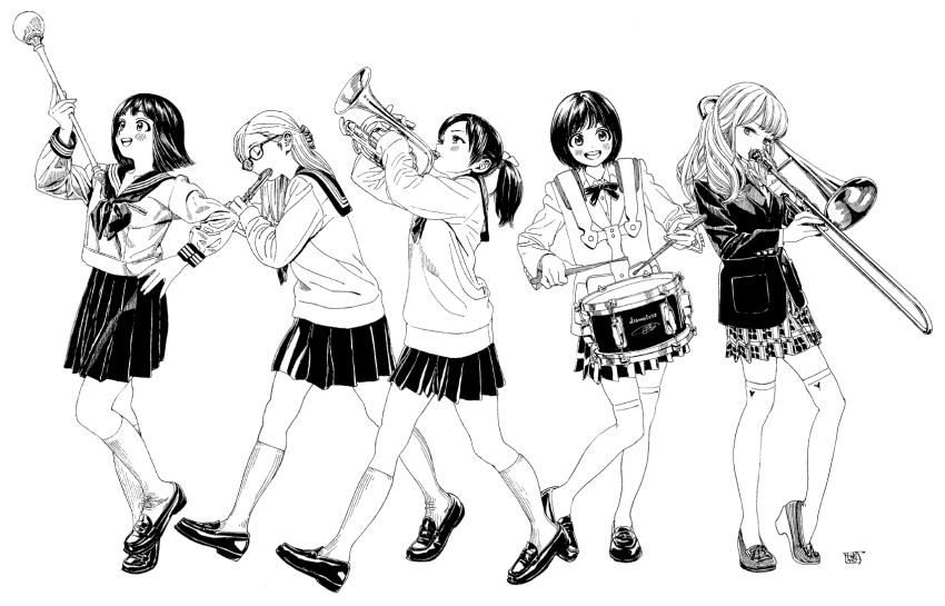 5girls artist_name band blazer blush bow bowtie closed_eyes closed_mouth commentary_request drum drumsticks flute full_body glasses greyscale half_updo hatching_(texture) highres hiro_(dismaless) holding holding_drumsticks instrument jacket kneehighs loafers long_hair long_sleeves monochrome multiple_girls music neckerchief open_mouth original plaid plaid_skirt playing_instrument pleated_skirt ponytail sailor_collar school_uniform serafuku shoes short_hair short_sleeves signature simple_background skindentation skirt smile socks thigh-highs trumpet walking zettai_ryouiki