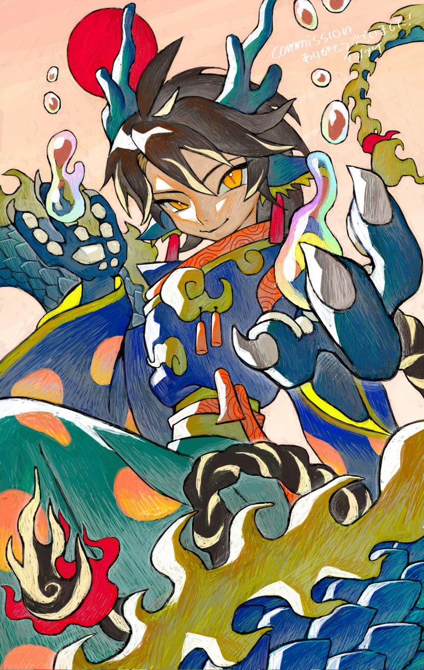 1boy androgynous animal_ear_fluff animal_ears animal_hands antlers blonde_hair blue_kimono blue_scales borrowed_character braid braided_ponytail brown_hair bubble claws closed_mouth commission dragon_boy dragon_ears dragon_tail fewer_digits fur-tipped_tail gradient_background hair_between_eyes hands_up highres horns iranobui japanese_clothes kimono long_hair long_sleeves looking_at_viewer male_focus monster_boy multicolored_hair obi obijime orange_background original red_sun sash scales sitting skeb_commission slit_pupils smile solo streaked_hair tail upper_body very_long_hair very_long_tail whorled_clouds wide_sleeves yellow_eyes