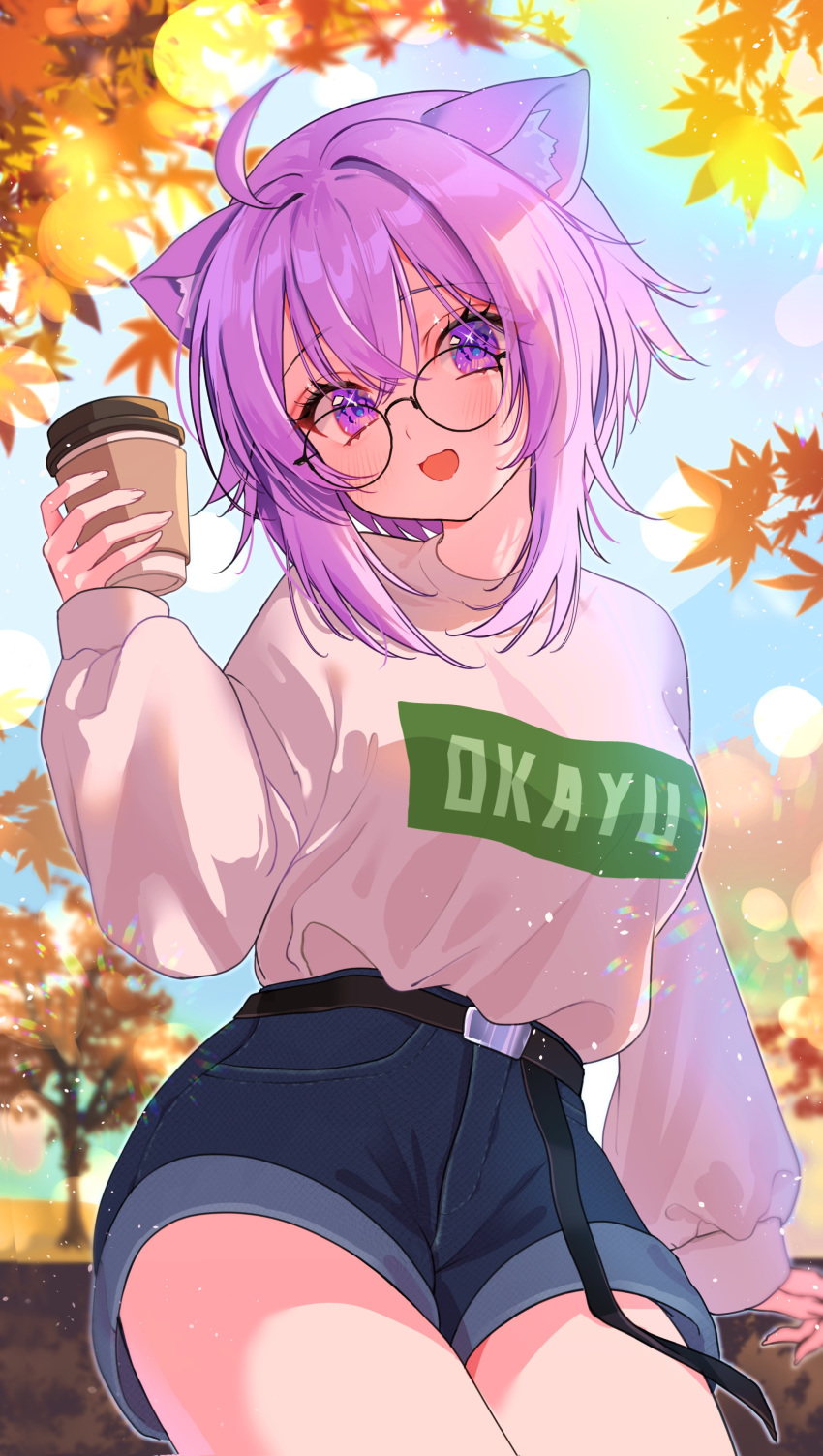 1girl :3 :d absurdres ahoge alternate_costume animal_ear_fluff animal_ears arm_support autumn autumn_leaves belt black_belt blurry blurry_background blush bokeh casual cat_ears cat_girl character_name coffee_cup cowboy_shot crossed_bangs cup day denim denim_shorts depth_of_field disposable_cup drink english_text glasses hair_between_eyes hand_up head_tilt highres holding holding_drink hololive lens_flare long_sleeves looking_at_viewer medium_hair nekomata_okayu no_tail open_mouth outdoors purple_hair rei_toba shirt short_shorts shorts sidelocks sitting sky smile solo sparkling_eyes thighs tree violet_eyes virtual_youtuber white_shirt