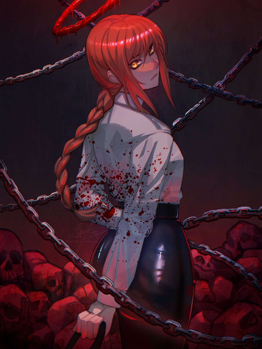 1girl absurdres black_pants blood blood_halo blood_on_clothes braid braided_ponytail business_suit chain chainsaw_man closed_mouth collared_shirt formal high-waist_pants highres looking_at_viewer looking_back makima_(chainsaw_man) pants redhead shirt shirt_tucked_in sidelocks single_braid skull solo suit white_shirt xuuikie_ashe yellow_eyes