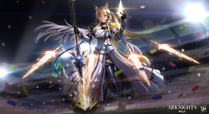 absurdres animal_ear_fluff animal_ears arknights armor armored_boots blonde_hair boots brown_eyes cape energy_spear headset highres horse_ears horse_girl horse_tail implied_extra_ears kingdom_of_kazimierz_logo name_tag nearl_(arknights) nearl_the_radiant_knight_(arknights) tail thigh-highs varhan_zuhair watermark white_cape