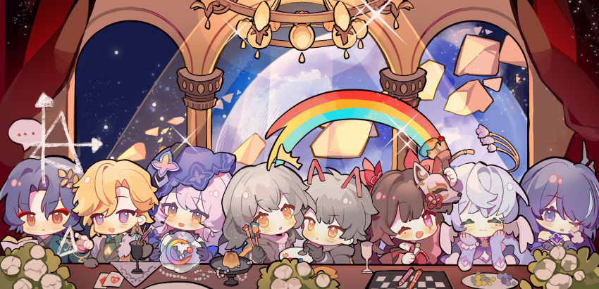 3boys 5girls ^_^ acheron_(honkai:_star_rail) aventurine_(honkai:_star_rail) black_gloves black_swan_(honkai:_star_rail) blonde_hair blue_hair blush book brown_hair caelus_(honkai:_star_rail) card chandelier chibi chinese_commentary closed_eyes closed_mouth dr._ratio_(honkai:_star_rail) drink eyeliner flower food fox_mask fur_trim gloves grey_hair halo hand_on_own_chin highres holding holding_book holding_paintbrush honkai:_star_rail honkai_(series) indoors looking_at_viewer makeup mask matches multiple_boys multiple_girls official_art one_eye_closed open_mouth paintbrush parted_hair pectoral_cleavage pectorals rainbow reading red_eyeliner robin_(honkai:_star_rail) short_hair sparkle_(honkai:_star_rail) stelle_(honkai:_star_rail) trailblazer_(honkai:_star_rail) twintails violet_eyes white_flower white_wings wings yellow_eyes