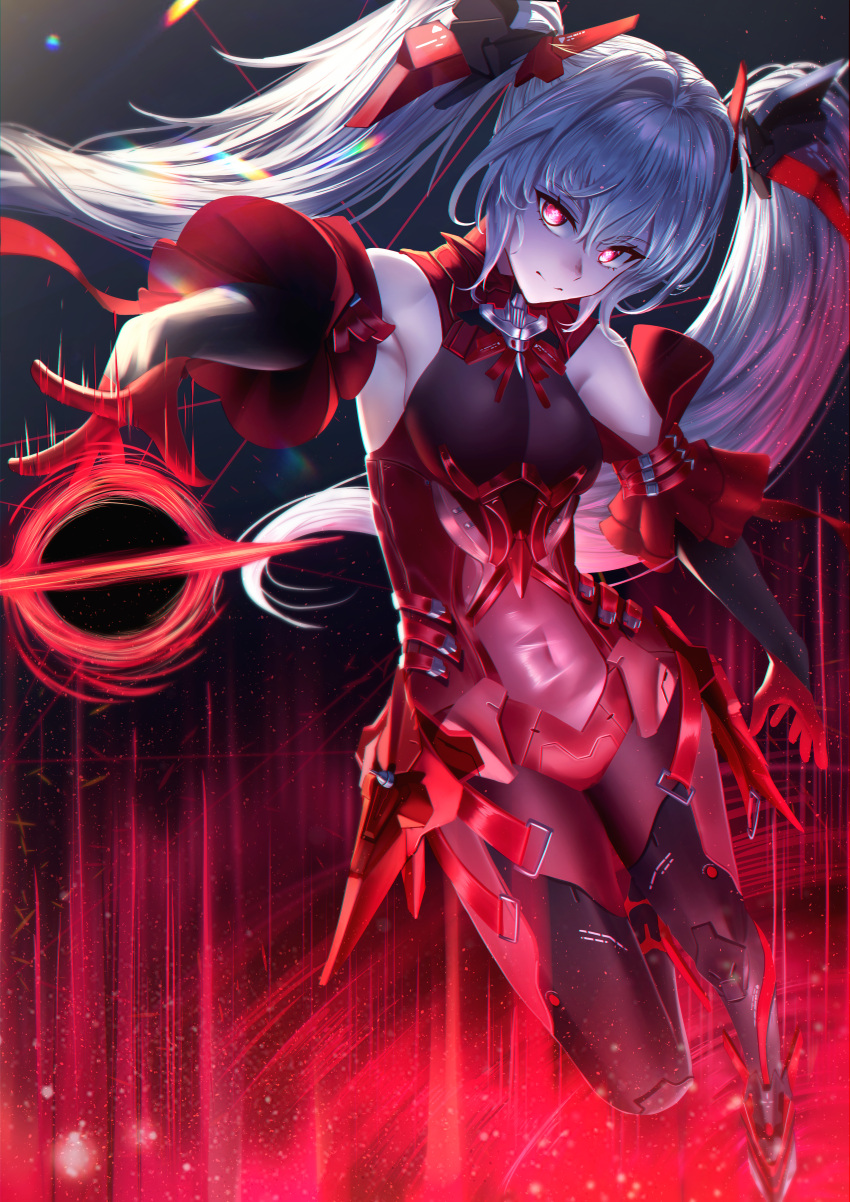 1girl absurdres bare_shoulders black_bodysuit bodysuit breasts covered_navel cross-shaped_pupils detached_sleeves grey_hair hair_between_eyes headgear highres impossible_bodysuit impossible_clothes long_hair luna_(punishing:_gray_raven) manjo_(warito) mechanical_legs punishing:_gray_raven red_eyes red_sleeves sidelocks small_breasts solo symbol-shaped_pupils twintails very_long_hair