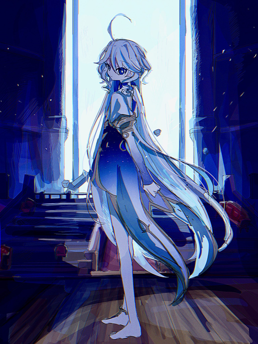1girl barefoot barefoot_sandals_(jewelry) blue_dress blue_hair chromatic_aberration couch dress from_side full_body furina_(genshin_impact) genshin_impact hair_between_eyes high-low_skirt highres indoors juliet_sleeves long_hair long_sleeves puffy_sleeves single_barefoot solo stairs standing swept_bangs uuozzo very_long_hair