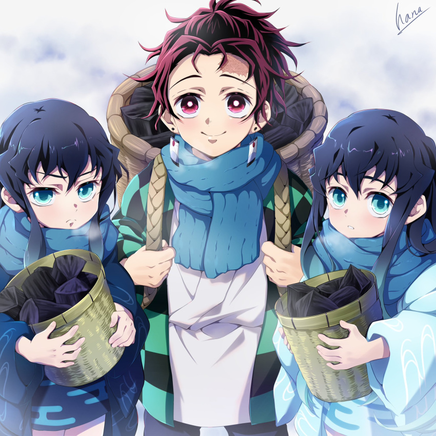 3boys :o aged_down alternate_universe aqua_eyes backpack_basket basket black_hair blue_kimono blue_scarf breath brothers checkered_clothes child closed_mouth coal cowboy_shot earrings egasumi frown green_eyes hana_ni_nare hanafuda_earrings hands_up hanten_(clothes) highres holding holding_basket japanese_clothes jewelry kamado_tanjirou kimetsu_no_yaiba kimono long_hair long_sleeves looking_at_viewer male_focus multiple_boys ponytail red_eyes redhead scar scar_on_face scar_on_forehead scarf short_hair siblings side-by-side signature smile snow standing tokitou_muichirou tokitou_yuichirou twins white_kimono wide_sleeves winter