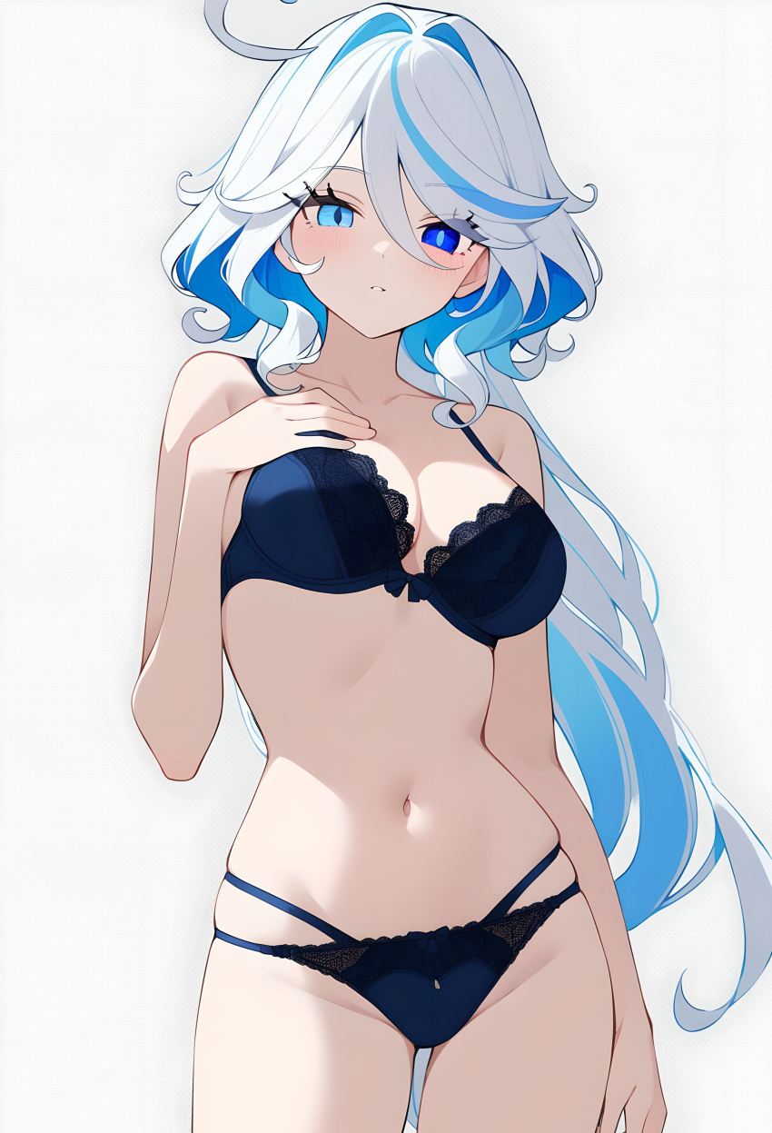 1girl absurdres black_bow black_panties blue_hair bow breasts closed_mouth colored_inner_hair furina_(genshin_impact) genshin_impact heterochromia highres legs lingerie multicolored_eyes multicolored_hair navel panties simple_background small_breasts solo solo_focus stomach two-tone_hair underwear user_wnvy5783 white_background white_hair