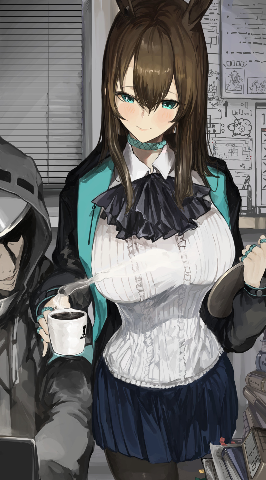 1girl absurdres aged_up amiya_(arknights) animal_ears arknights ascot black_coat black_jacket blue_ascot breasts brown_hair coat coffee cup doctor_(arknights) frilled_ascot frills highres holding holding_cup holding_tray hood hood_up hooded_coat hooded_jacket jacket jewelry kajuu large_breasts long_hair multiple_rings neck_ring purple_ascot rabbit_ears ring shirt thumb_ring tray white_shirt